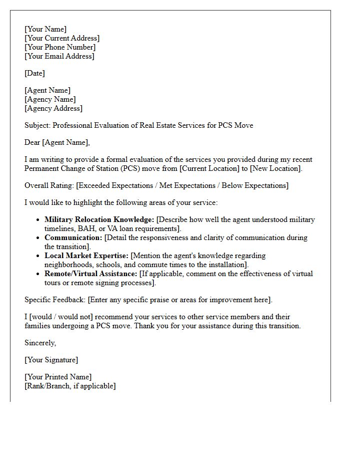 PCS Move Real Estate Agent Evaluation Letter