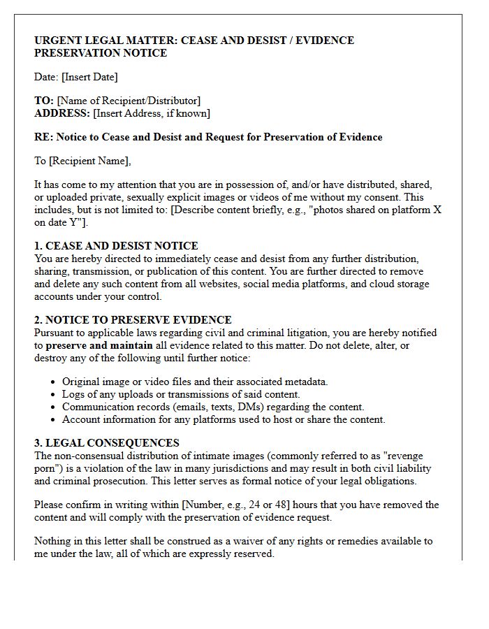 Evidence Preservation and Non-Consensual Pornography Cease and Desist Letter