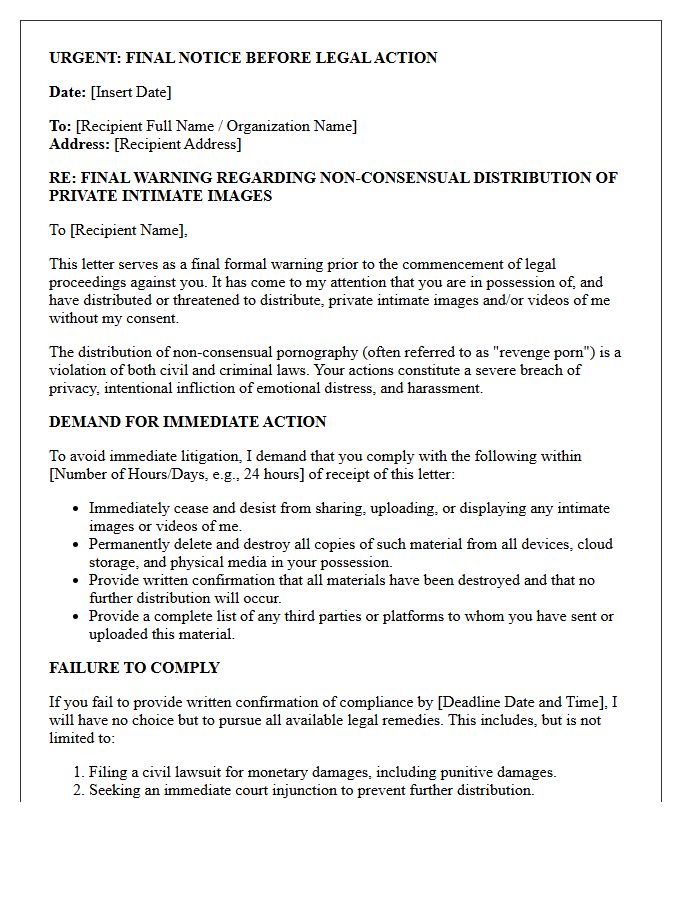 Final Warning Pre-Litigation Letter for Non-Consensual Pornography Distribution