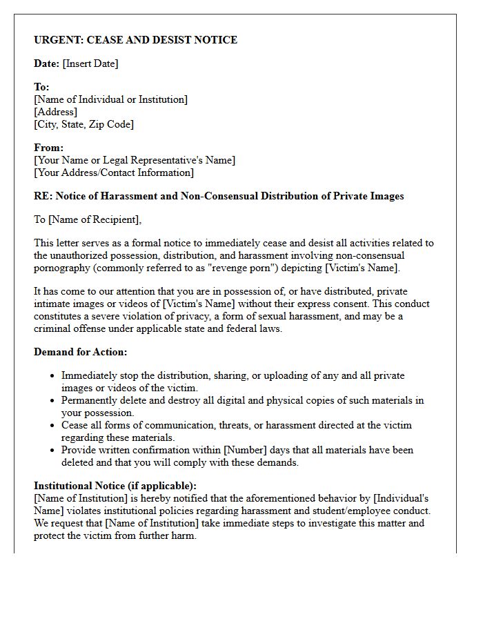 Institutional Notice and Cease and Desist Letter for Non-Consensual Pornography Harassment