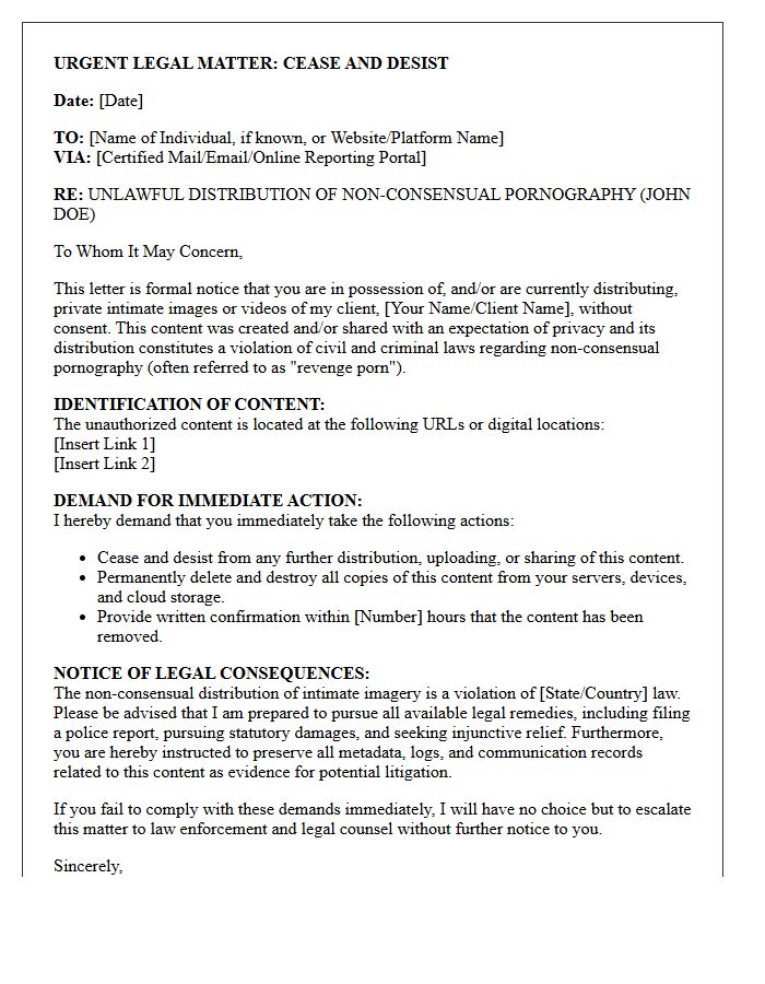 John Doe Cease and Desist Letter for Anonymous Non-Consensual Pornography Distribution