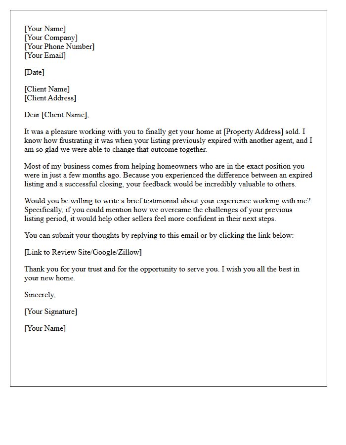 Expired Listing Conversion Testimonial Request Letter