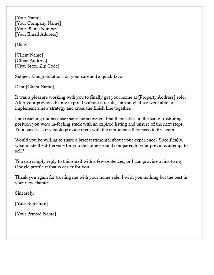 Real Estate Expired Listing Success Story Request Letter