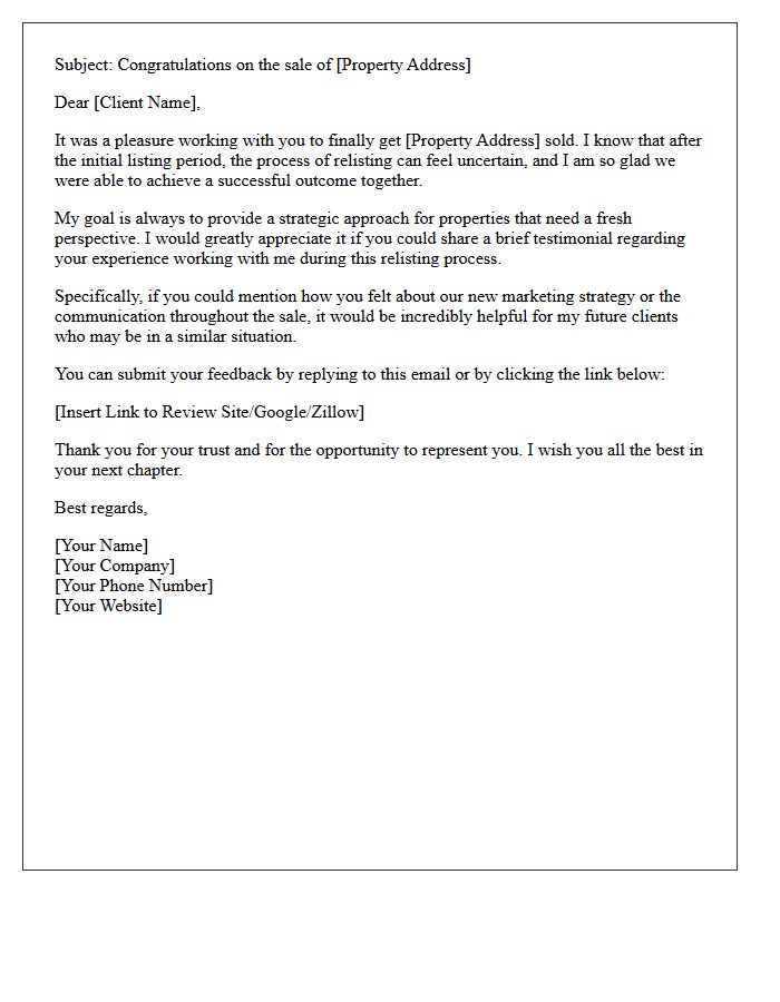 Client Testimonial Request Letter For Relisted Property Sales