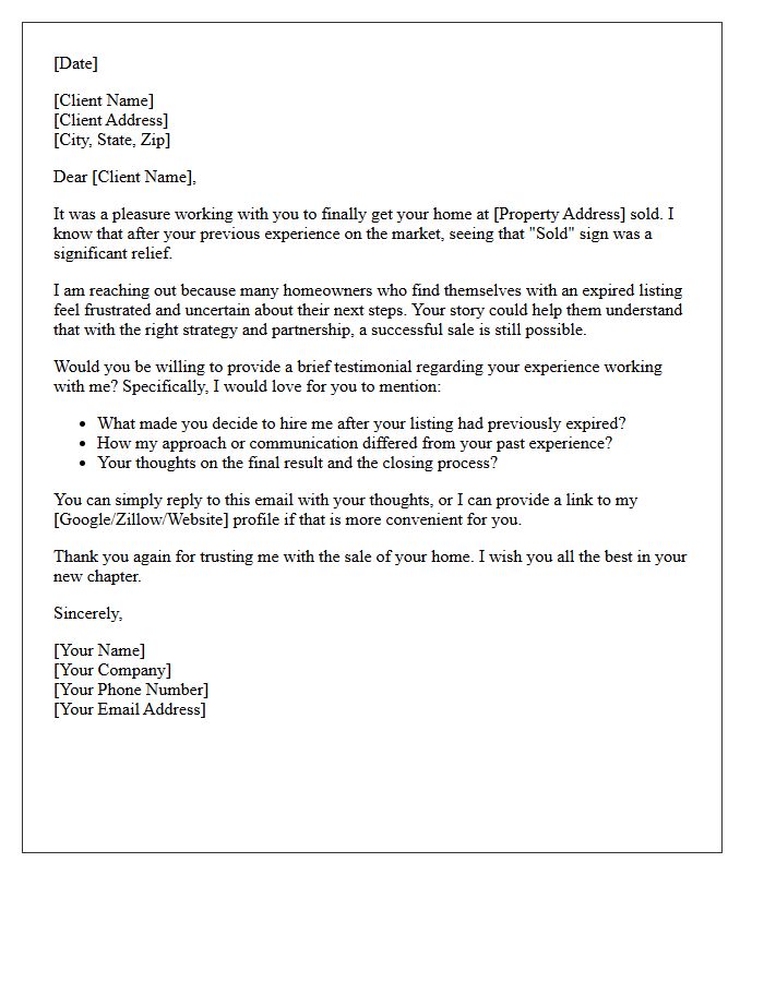Post-Sale Expired Listing Testimonial Request Letter