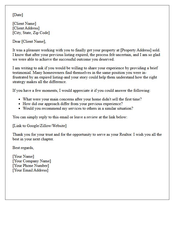 Expired Property Sale Client Testimonial Invitation Letter