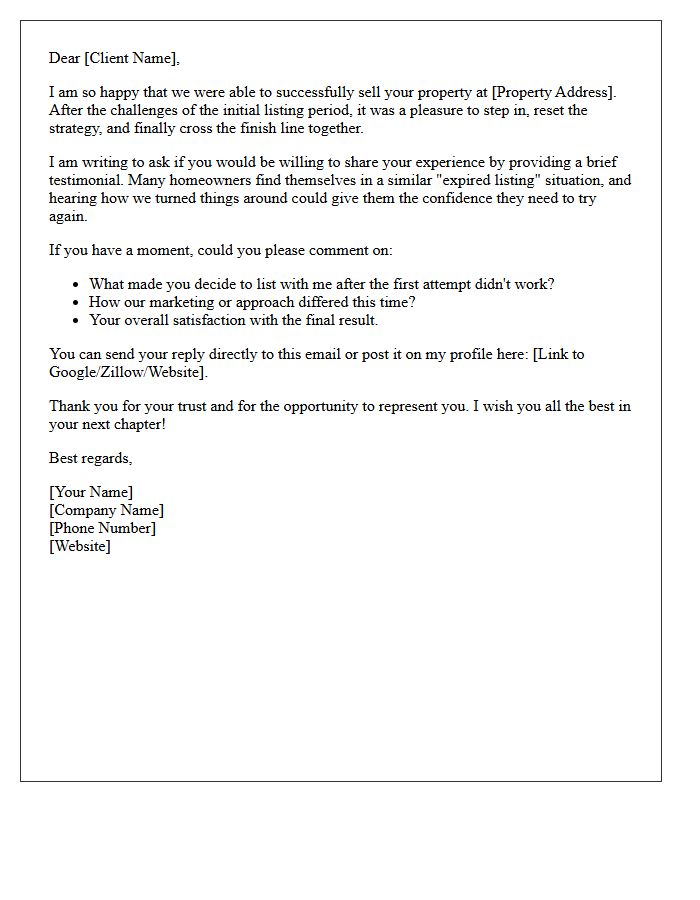 Real Estate Second Chance Sale Testimonial Request Letter