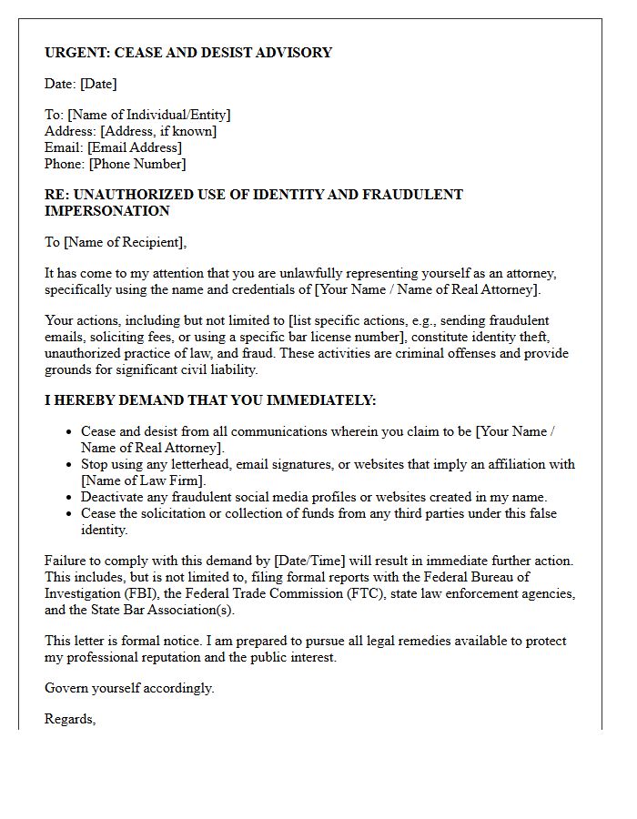 Fraudulent Attorney Impersonation Cease and Desist Letter