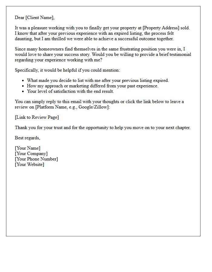 Previously Expired Listing Success Testimonial Request Letter