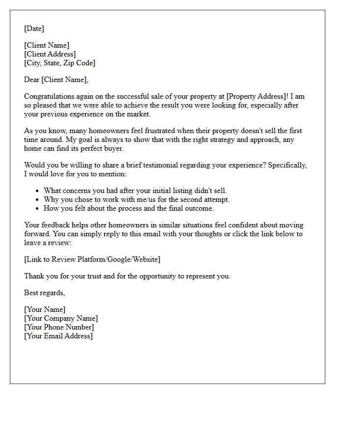 Unsold To Sold Conversion Testimonial Request Letter