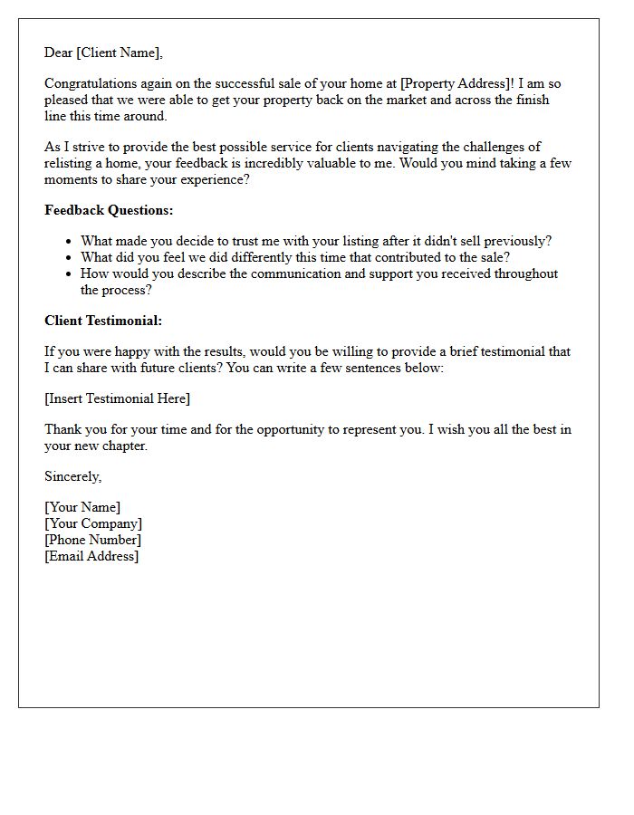 Relisted Home Sale Client Feedback And Testimonial Letter