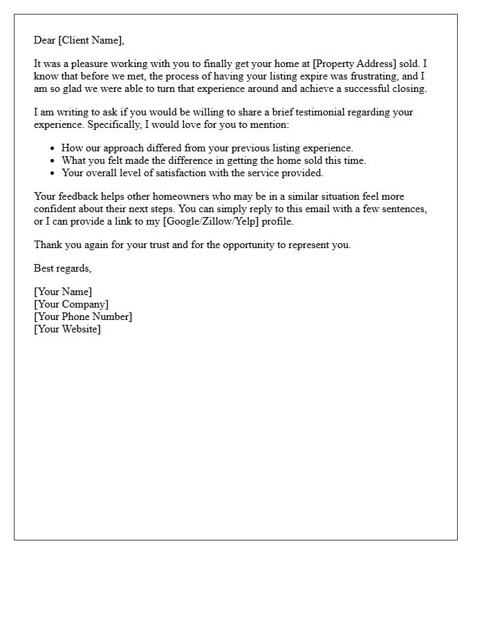 Converted Expired Property Client Experience Testimonial Letter