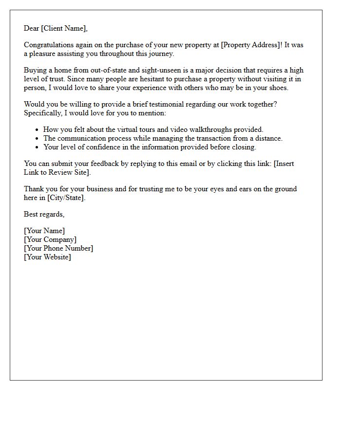 Out-of-State Sight-Unseen Property Buyer Testimonial Request Letter