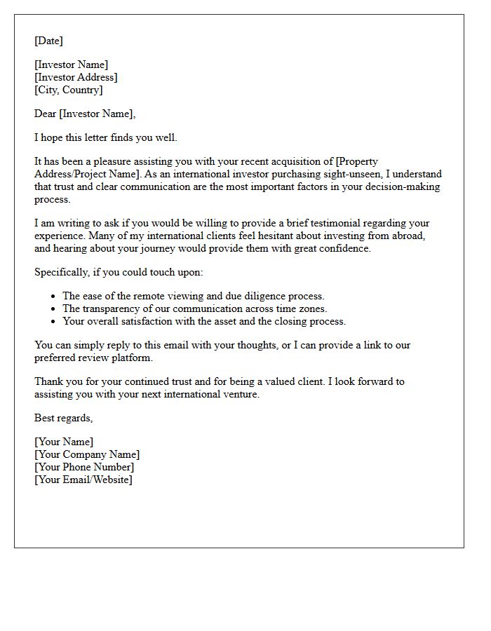 International Sight-Unseen Investor Testimonial Request Letter
