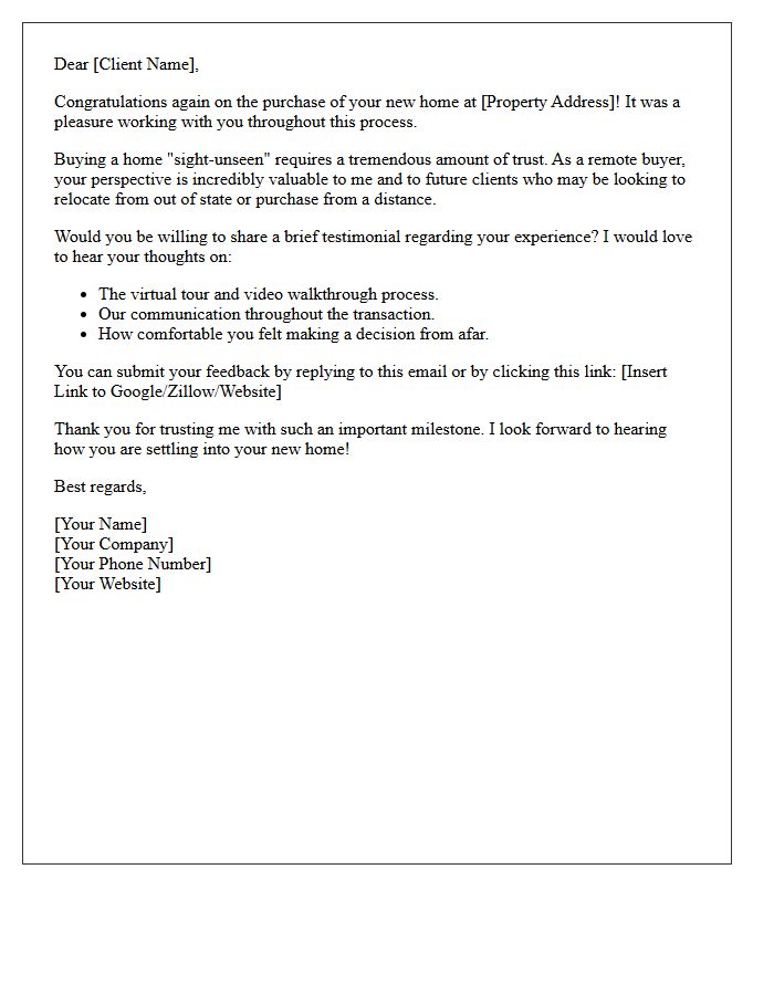 Remote Real Estate Sight-Unseen Buyer Testimonial Request Letter