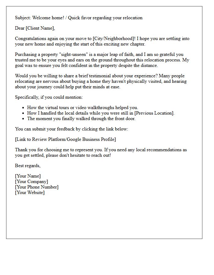 Relocation Sight-Unseen Property Buyer Testimonial Request Letter