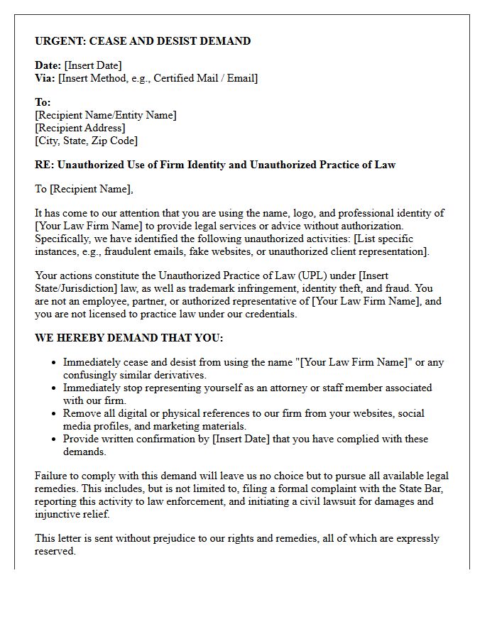 Cease and Desist Letter for Unauthorized Practice of Law Under Firm Identity