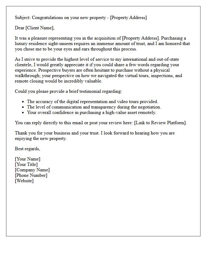 Luxury Sight-Unseen Property Buyer Testimonial Request Letter