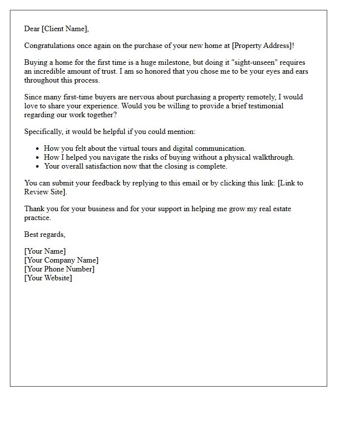 First-Time Sight-Unseen Property Buyer Testimonial Request Letter