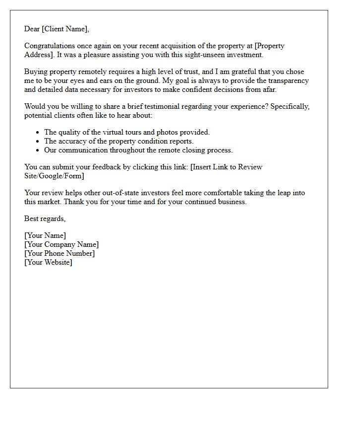 Investment Property Sight-Unseen Buyer Testimonial Request Letter