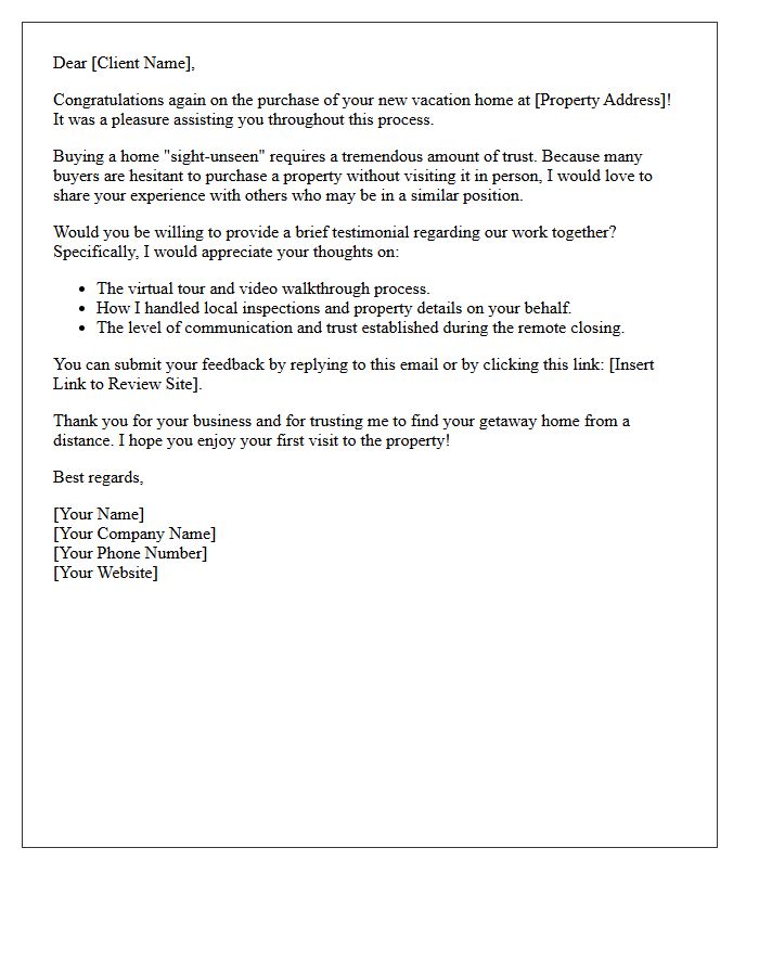 Sight-Unseen Vacation Home Buyer Testimonial Request Letter
