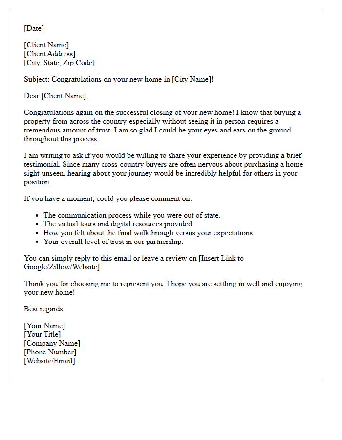 Cross-Country Sight-Unseen Property Buyer Testimonial Request Letter