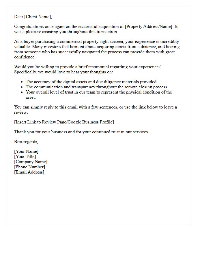 Sight-Unseen Commercial Property Buyer Testimonial Request Letter