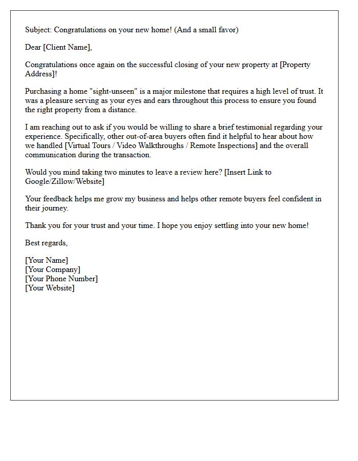 Post-Closing Sight-Unseen Property Buyer Testimonial Request Letter