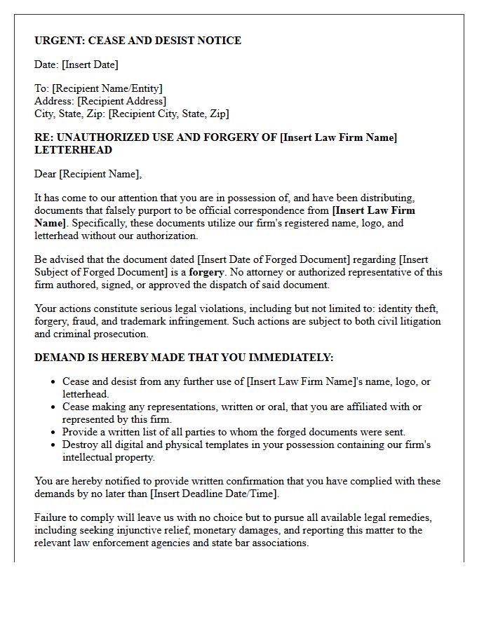 Notice and Cease and Desist Letter Regarding Forged Law Firm Letterhead