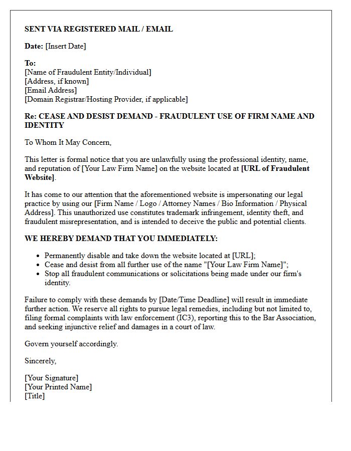 Cease and Desist Letter Demanding Takedown of Fraudulent Law Firm Website