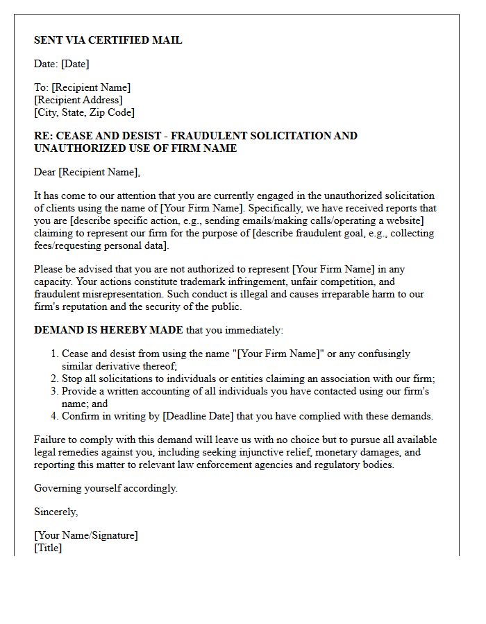 Demand Letter to Cease Fraudulent Client Solicitation Under Firm Name