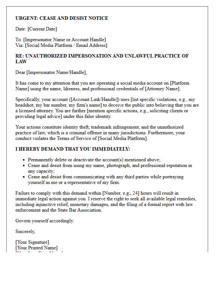 Cease and Desist Letter Addressing Social Media Attorney Impersonation