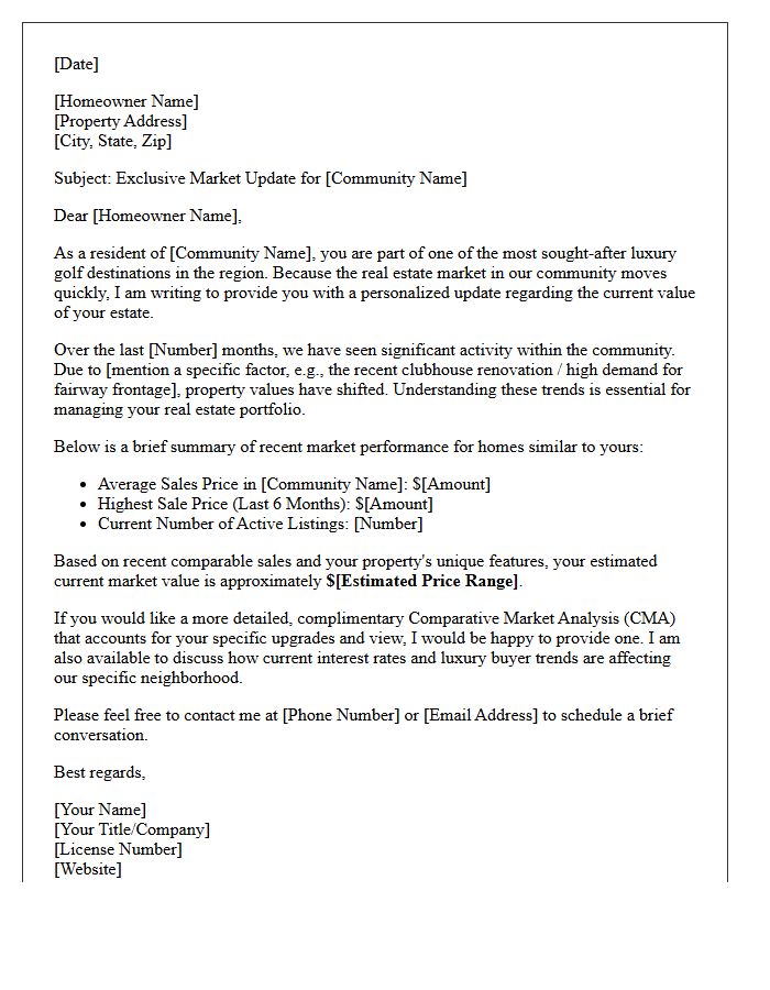 Luxury Golf Course Community Property Value Update Letter