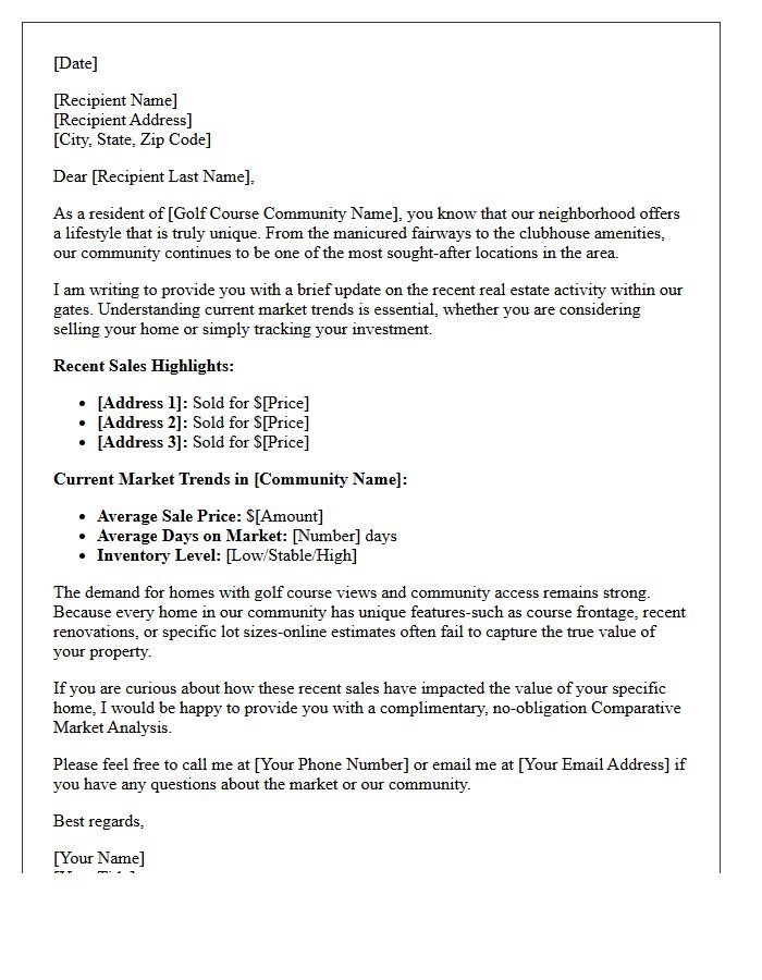 Golf Course Community Recent Sales Market Update Letter