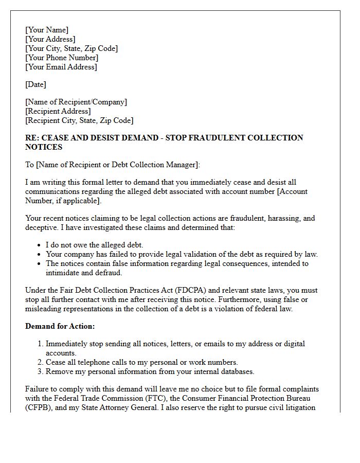 Letter of Cease and Desist Demanding Cessation of Fake Legal Collection Notices