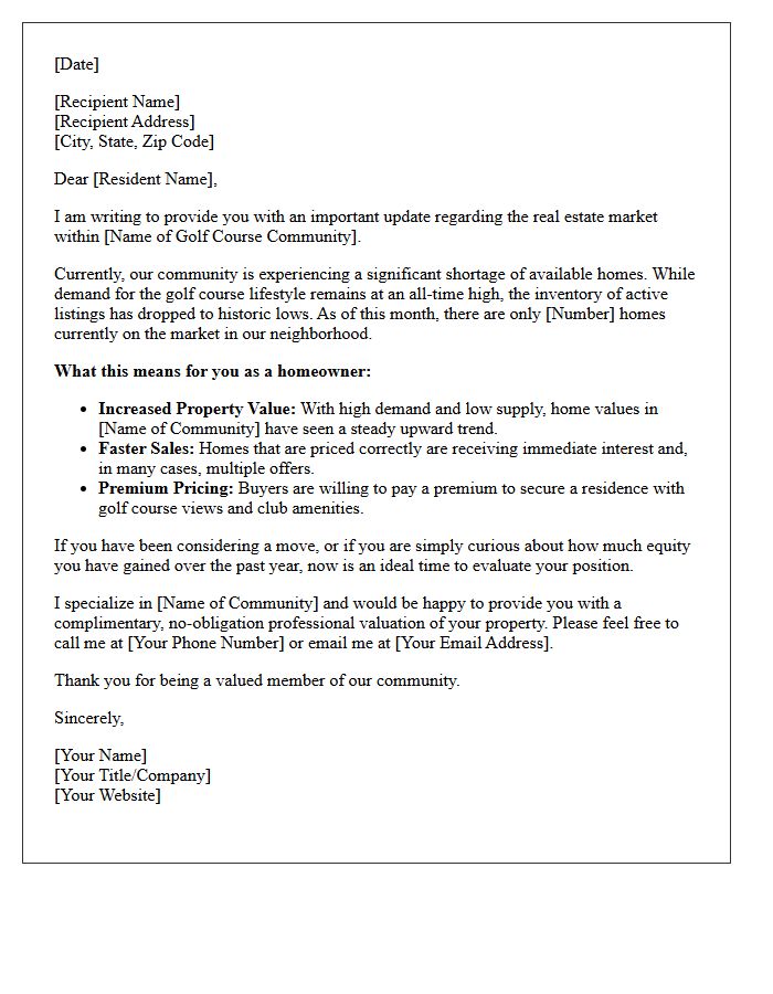 Low Inventory Golf Course Community Market Update Letter