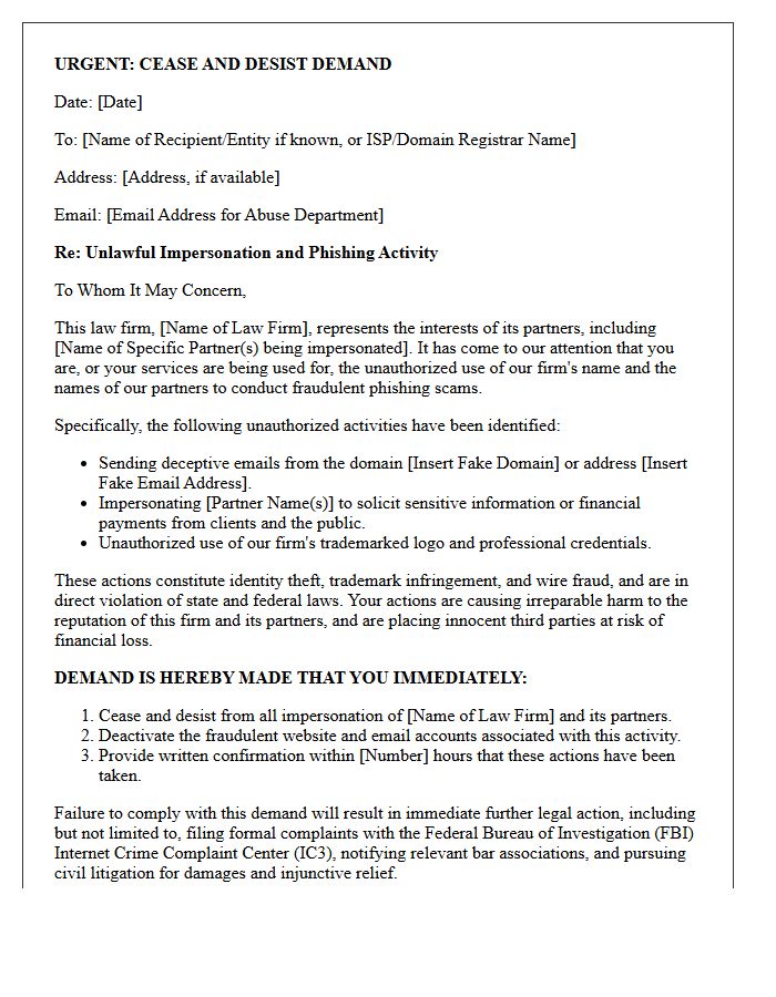 Cease and Desist Letter Regarding Phishing Scams Impersonating Firm Partners