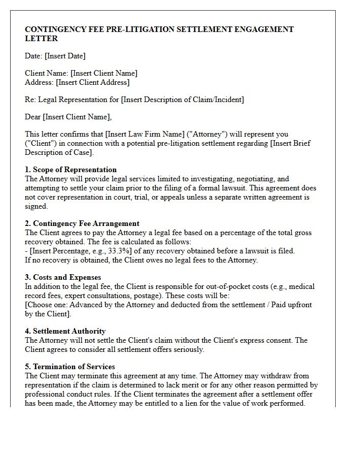 Contingency Fee Pre-Litigation Settlement Engagement Letter
