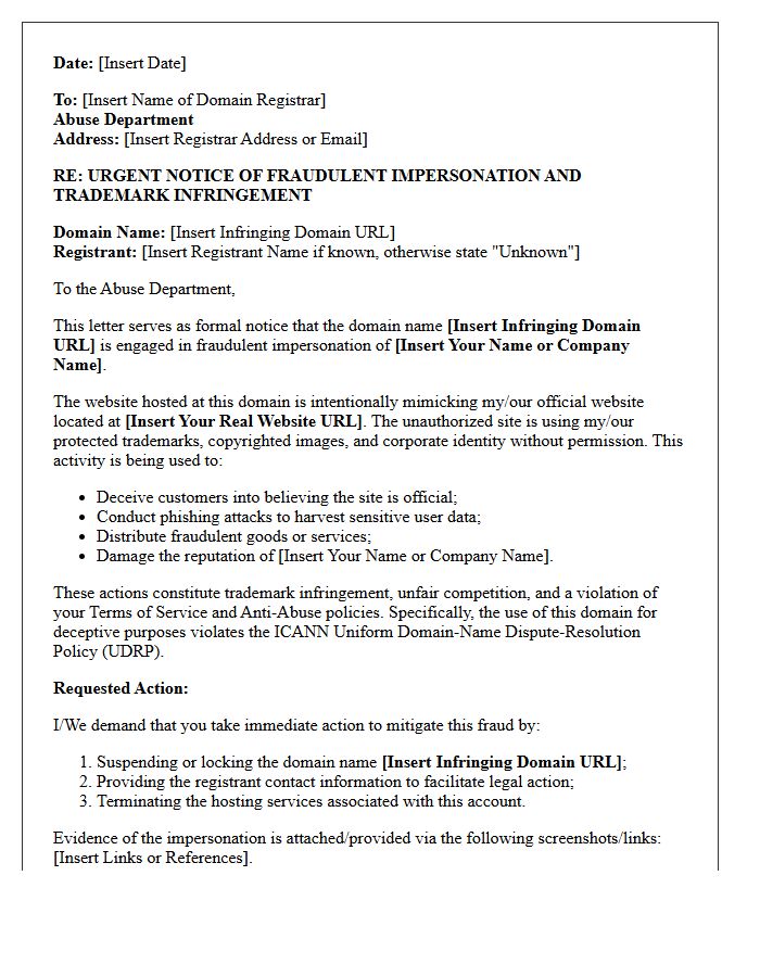 Fraudulent Impersonation Cease and Desist Letter to Domain Registrar