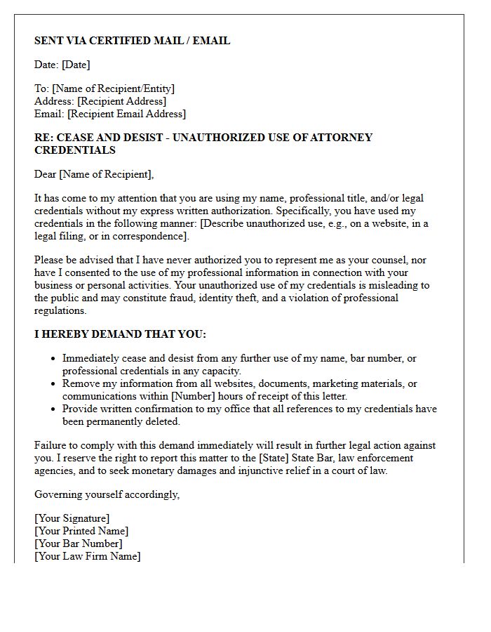 Cease and Desist Letter for Unauthorized Use of Attorney Credentials