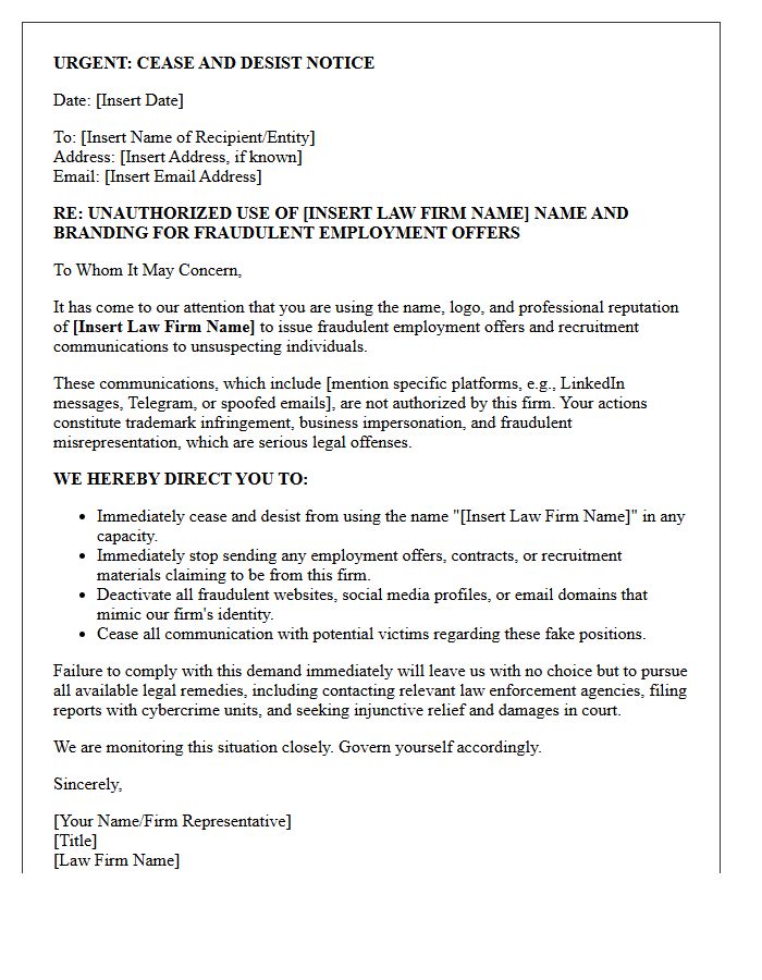 Letter Directing Immediate Cessation of Fake Law Firm Employment Offers