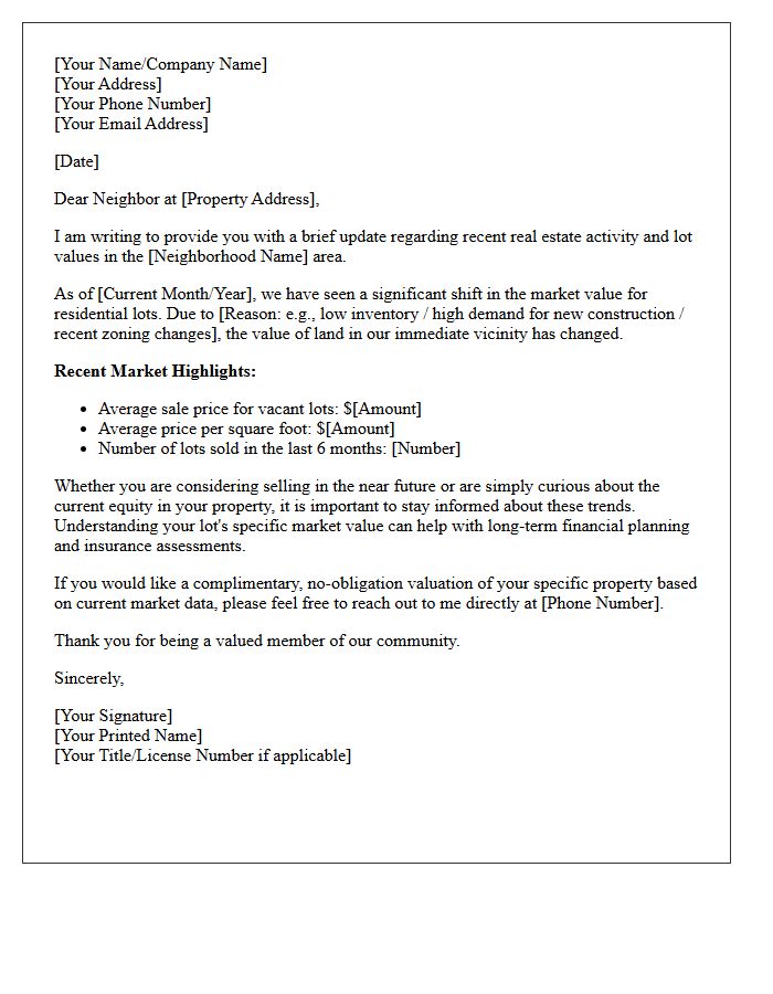 Neighborhood Lot Value Market Update Letter