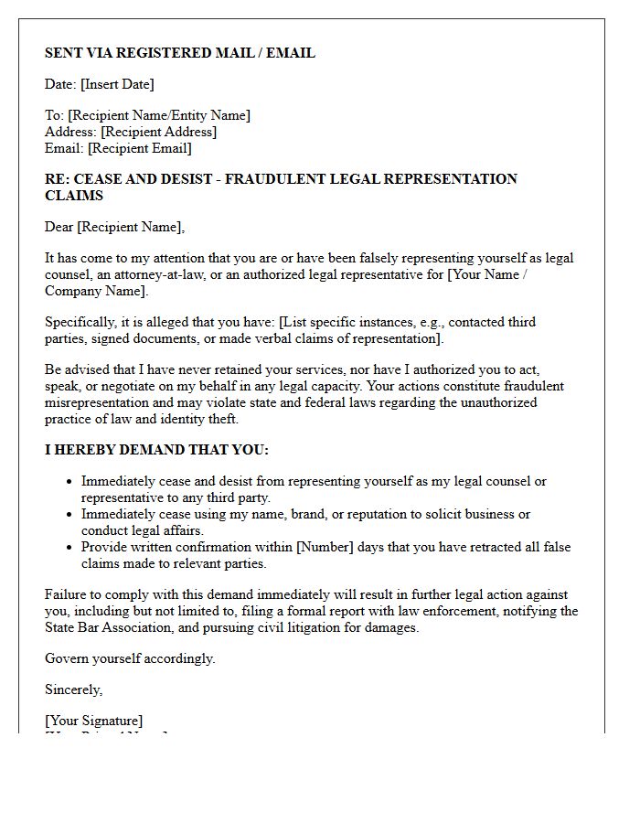Cease and Desist Letter Concerning Fraudulent Legal Representation Claims