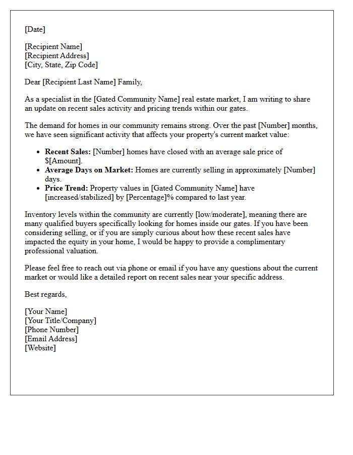 Recent Home Sales and Trends Gated Community Letter