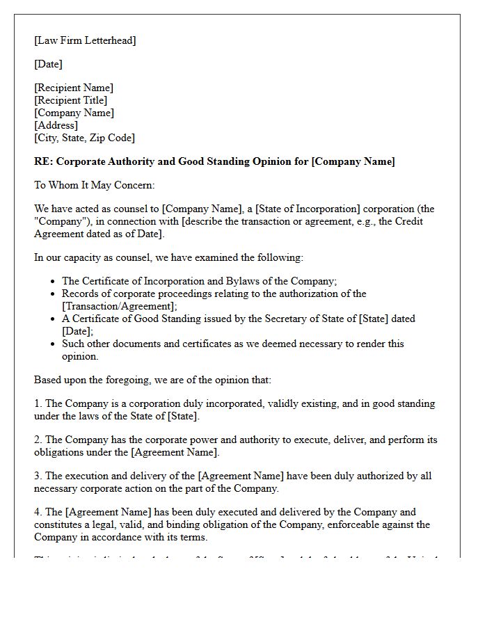 Corporate Authority Opinion Letter on Good Standing