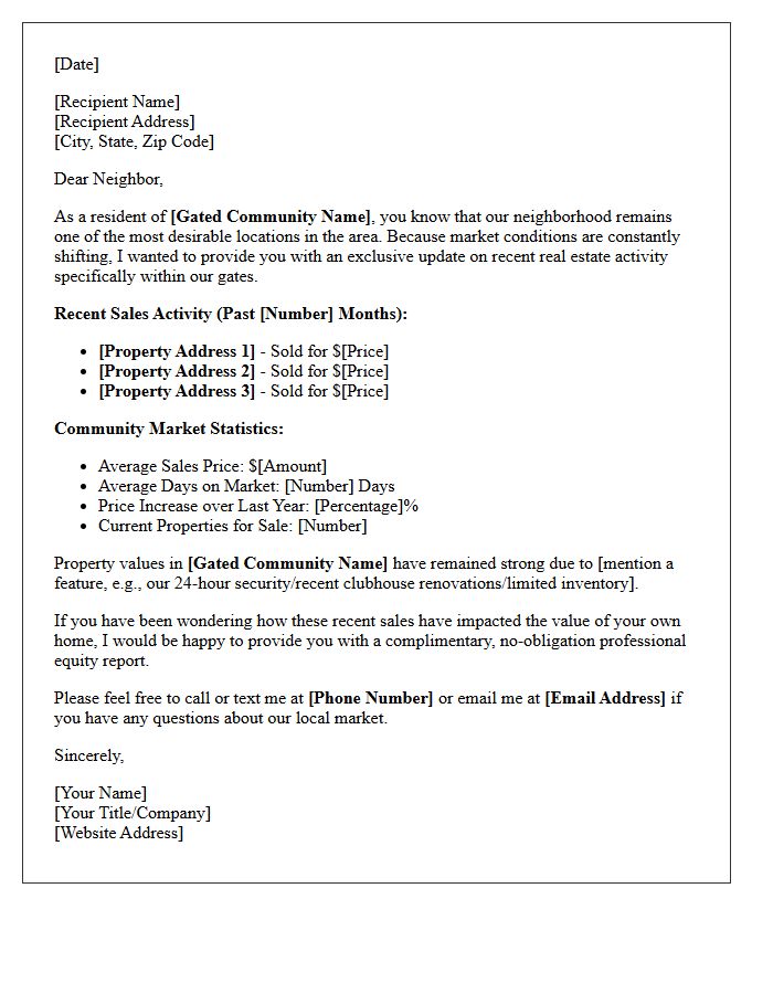 Local Gated Community Sold Properties and Statistics Letter