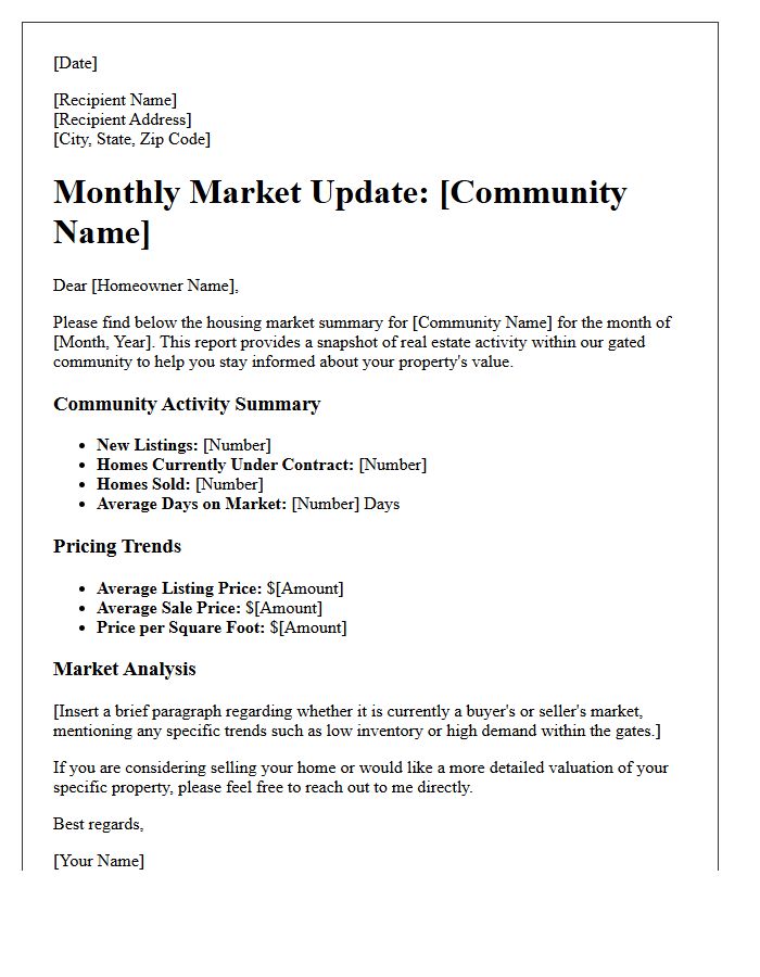 Monthly Gated Community Housing Market Summary Letter