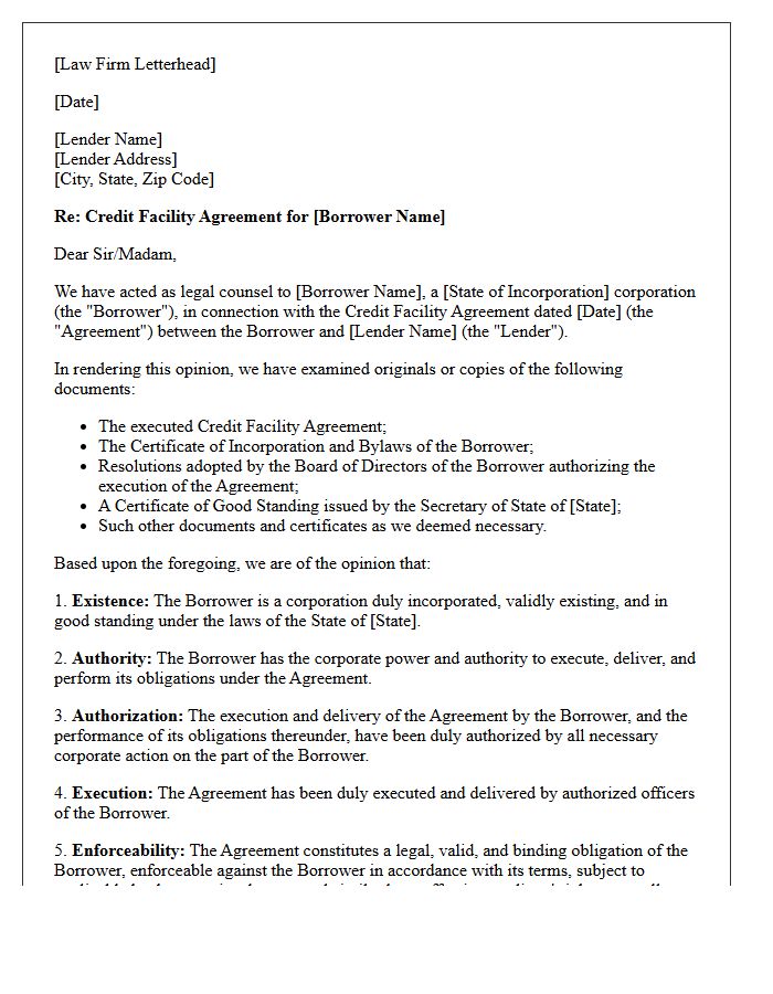 Corporate Authority Opinion Letter for Credit Facility Agreement