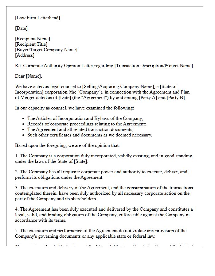 Mergers and Acquisitions Corporate Authority Opinion Letter