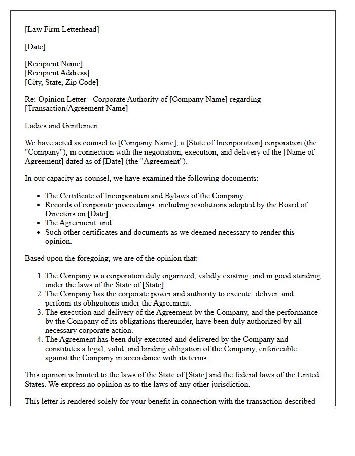 Corporate Authority Opinion Letter on Execution of Documents